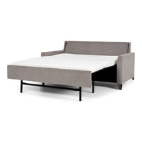 American Leather Harris Two Seat Comfort Sofa bed chenille charcoal with high wood legs. pulled-out, front and side view.