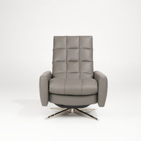 A grey leather Huron recliner and lounge chair with natural walnut four-star base, front view.