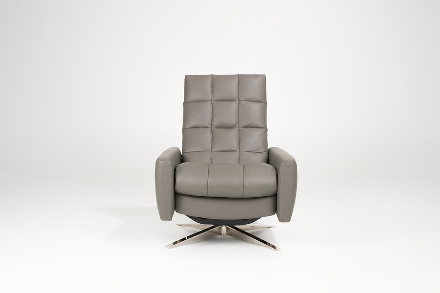 A grey leather Huron recliner and lounge chair with natural walnut four-star base, front view.