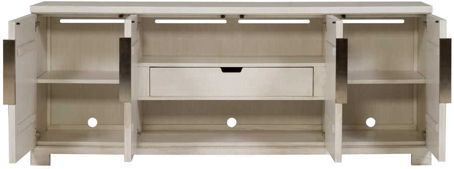 Axis Media Console cabinet in light colors with four doors, two adjustable shelves, one interior drawer, and standard bronze hardware. Full front view with all doors opened.