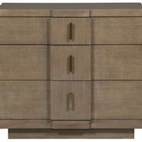 Axis 3 Drawer Nightstand in wood color with White Bronze Hardware, Luxury composite Accents, full front view.