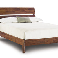 Linn queen size bed crafted from reclaimed walnut hardwood with contemporary design.
