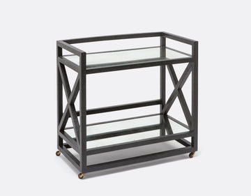 Black two level Juno Bar Cart with two antiqued mirror shelves.