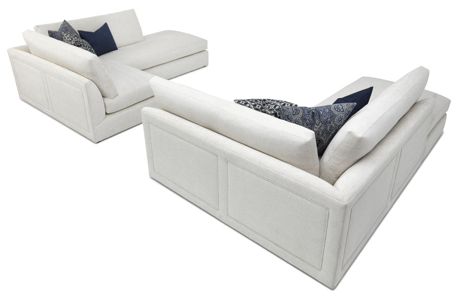 White, two piece Messina Sectional with clean look with long, uninterrupted seat and back cushions. Top back view.