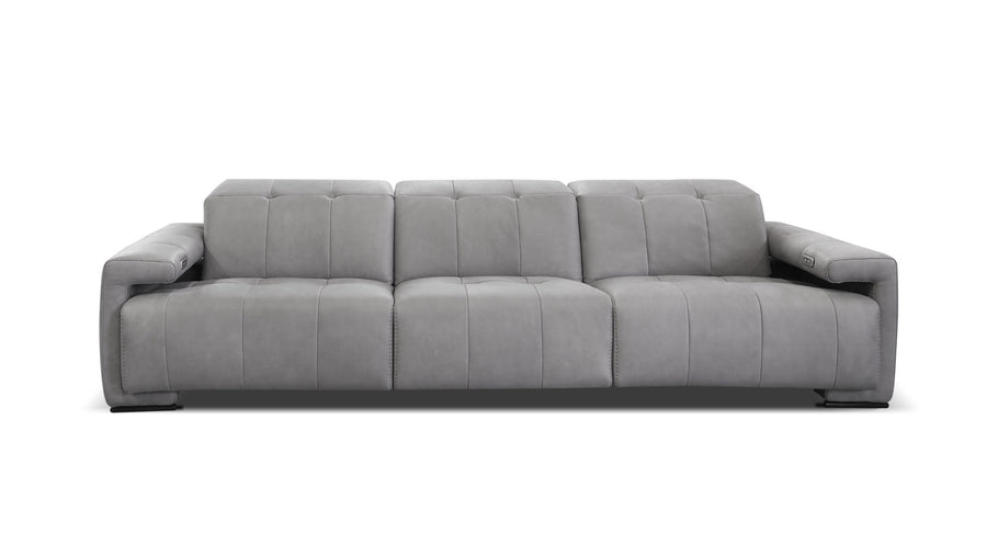 Grey leather 3 seater sofa consisting of 1 left arm, 1 right arm, and 1 armless chair with electric head and footrest.