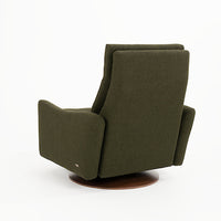 A green fabric Ontario modern rocking recliner chair, back view.