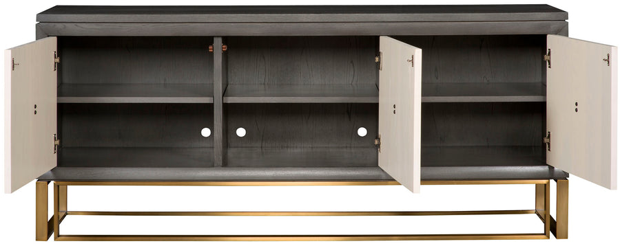 Wallace Storage Console cabinet in black and white colors with three doors and three adjustable shelves, satin brass plated base and hardware, presented with all doors opened to show the inside of the cabinet.