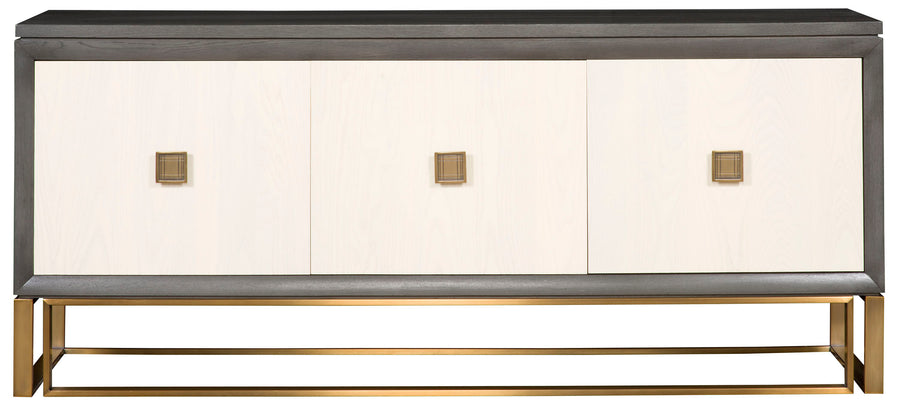 Wallace Storage Console cabinet in black and white colors with three doors and three adjustable shelves, satin brass plated base and hardware.