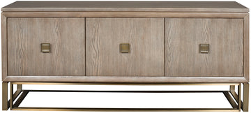 Wallace Storage Console cabinet in wood colors with three doors and three adjustable shelves, satin brass plated base and hardware.