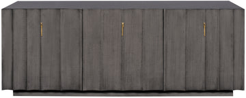 Ava Media Console cabinet in grey color with three doors, three adjustable shelves, and brushed nickel hardware