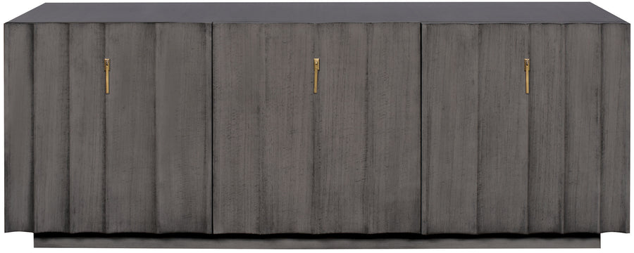 Ava Media Console cabinet in grey color with three doors, three adjustable shelves, and brushed nickel hardware