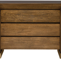 Dune P801L three drawer nightstand - three Drawers with Finger Groove Pulls, White Bronze Ferrules, No Hardware.