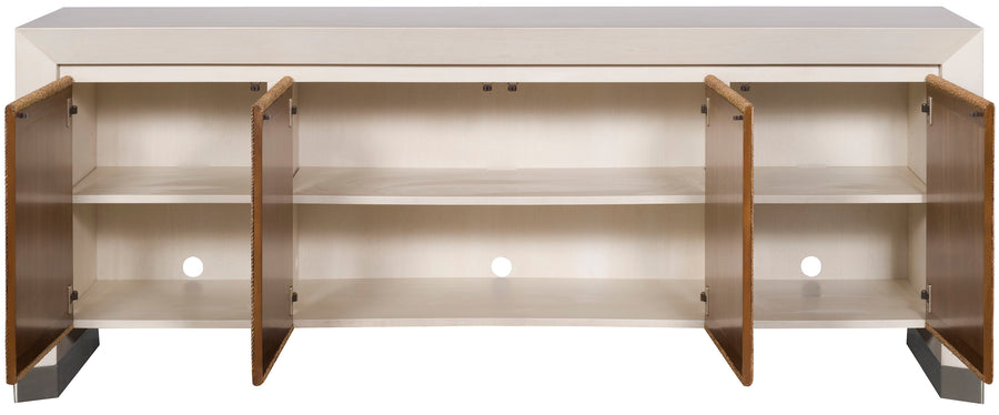Dune Media Console cabinet with four doors, white bronze ferrules, no hardware, Lampakanay Wrapped faces, and adjustable interior shelves, showed with all doors opened.