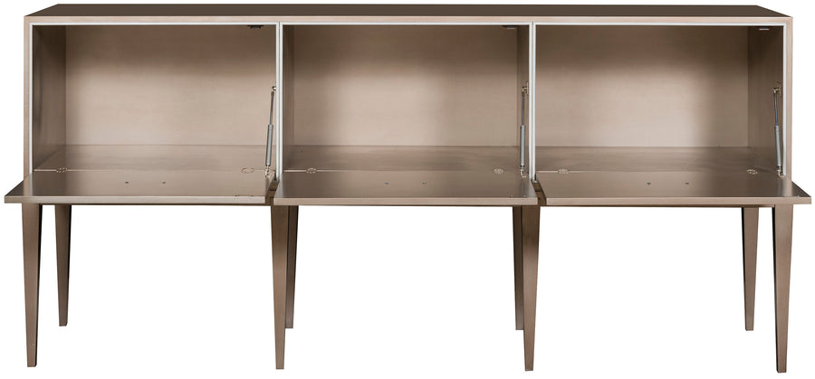 Marler Storage Cabinet with Three Drop Down Doors and Polished Nickel hardware. Showed with opened doors.