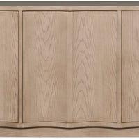 Jarvis Storage Cabinet in wooden colors, with Three Doors with Push Latch and Finger Grooves, Six Adjustable Shelves - Two Behind Each Door, full front view.