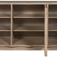 Jarvis Storage Cabinet in wooden colors, with Three Doors with Push Latch and Finger Grooves, Six Adjustable Shelves - Two Behind Each Door, showed with all doors opened.