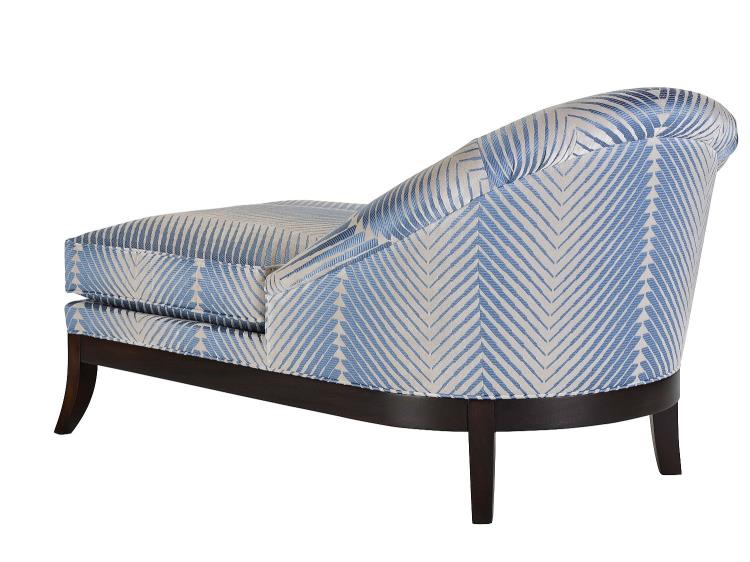 Lisette Chaise in light blue and white colors, back side view.