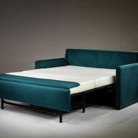 American Leather Pearson Two Seat Standard (Queen) Comfort Sofa bed in blue color, front and side view, pulled-out.
