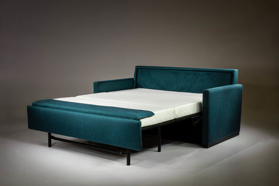American Leather Pearson Two Seat Standard (Queen) Comfort Sofa bed in blue color, front and side view, pulled-out.