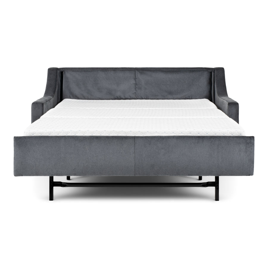 American Leather Perry Two Seat Standard Comfort Sofa bed in grey color with wooden legs, front view, pulled-out.