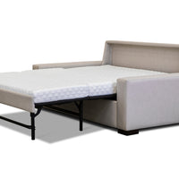 American Leather Rogue Two Seat Comfort Sofa bed in light colors, front and side view, pulled-out.