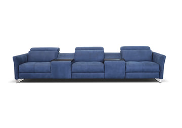 Blue leather luxury theatre sectional with sophisticated design, ultra smooth battery operated reclining head and footrest and table trays