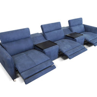 Blue leather luxury theatre sectional with sophisticated design, ultra smooth battery operated reclining head and footrest and table trays, reclined seats.