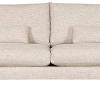 Thea Stocked two seat sofa with medium firm seat and back done in a feather blend cushion with lower arm that is shaped from back to front. Front view.