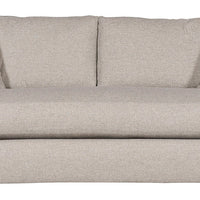 Light grey two seat Wynne Stocked Sofa with curved back and front and single seat cushion and 2 back pillows. Front view.