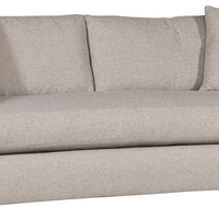 Light grey two seat Wynne Stocked Sofa with curved back and front and single seat cushion and 2 back pillows. Front view.