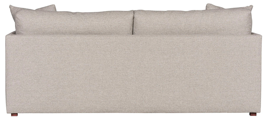 Light grey two seat Wynne Stocked Sofa with curved back and front and single seat cushion and 2 back pillows. Back view.