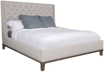 Cleo King Bed in ash color with tufted headboard with curved end panels, front and side view.