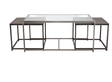 Metal nesting cocktail table consisting of glass top center table and 2 outer bunching tables, slide under the ends of the center table