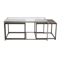 Metal nesting cocktail table consisting of glass top center table and 2 outer bunching tables, slide under the ends of the center table