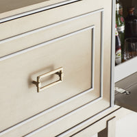 Marler Storage Cabinet with Three Drop Down Doors and Polished Nickel hardware. Closed up view on door and hardware.