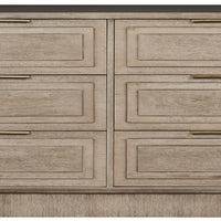 Bowers 6-Drawer Chest by Vanguard Furniture finished by Silverthorne and with a hardware by Satin Brass. Light grey color. Front view.