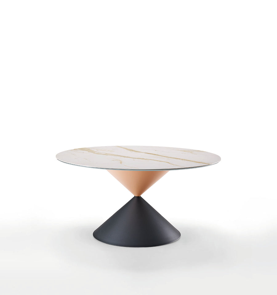 Fixed round Clessidra Dining Table with solid two-colored base and wooden top.