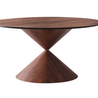 Fixed round Clessidra Dining Table with wooden base and wooden top.