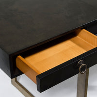 Vintage Cortes Desk with four drawers, black top, and metal base. Closed up view on an opened drawer.