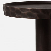 Dark Judah Side Table from hammered Antique Copper aluminum with a butter churn column and round beveled top. Closed up view of top.