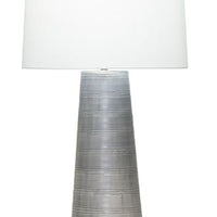 Charles Table Lamp with a white shade and hand made tapered glass column that has a soft, grey carved finish.