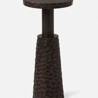 Dark Judah Side Table from  hammered Antique Copper aluminum with a butter churn column and round beveled top.