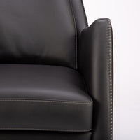 A black leather Kate swivel armchair. Closed up front view.