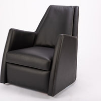 A black leather Kate swivel armchair. Front and side  view.