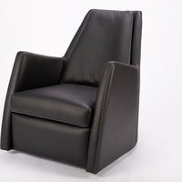 A black leather Kate swivel armchair. Front and side view.