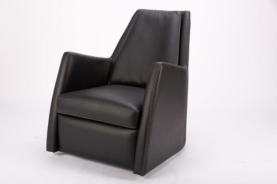 A black leather Kate swivel armchair. Front and side  view.