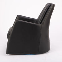 A black leather Kate swivel armchair. Side view.
