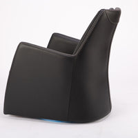 A black leather Kate swivel armchair. Side view.