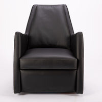 A black leather Kate swivel armchair. Front view.