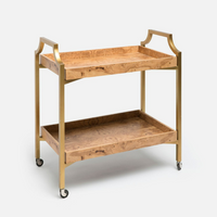 Montaro Bar Cart with two olid olive ash Veneer box trays set on a curved, cut-corner, painted metal frame and in wood's natural patterns.